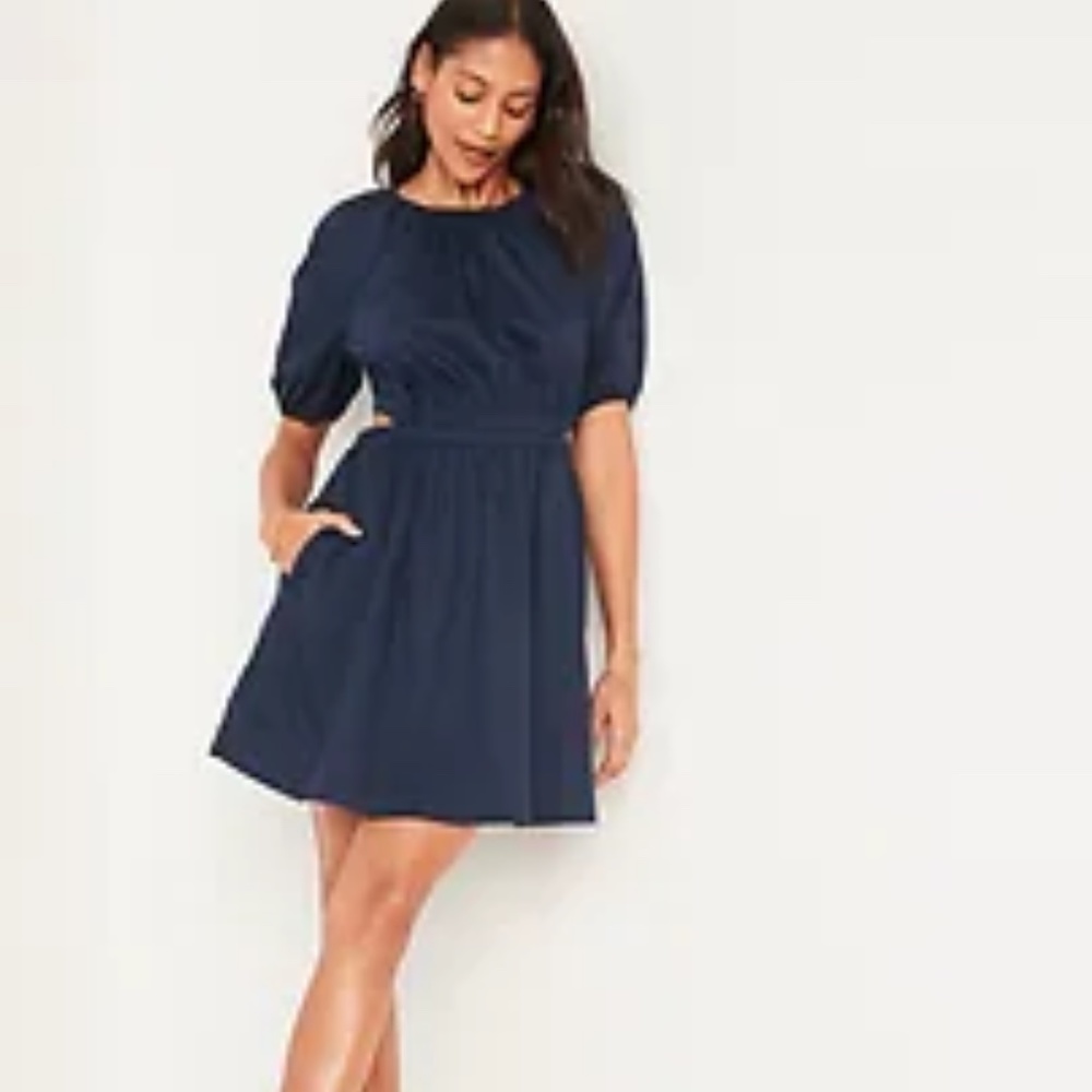 Old Navy Waist Defined Puff Sleeve Cotton Poplin Side Cut Out Mini Dress (Navy)